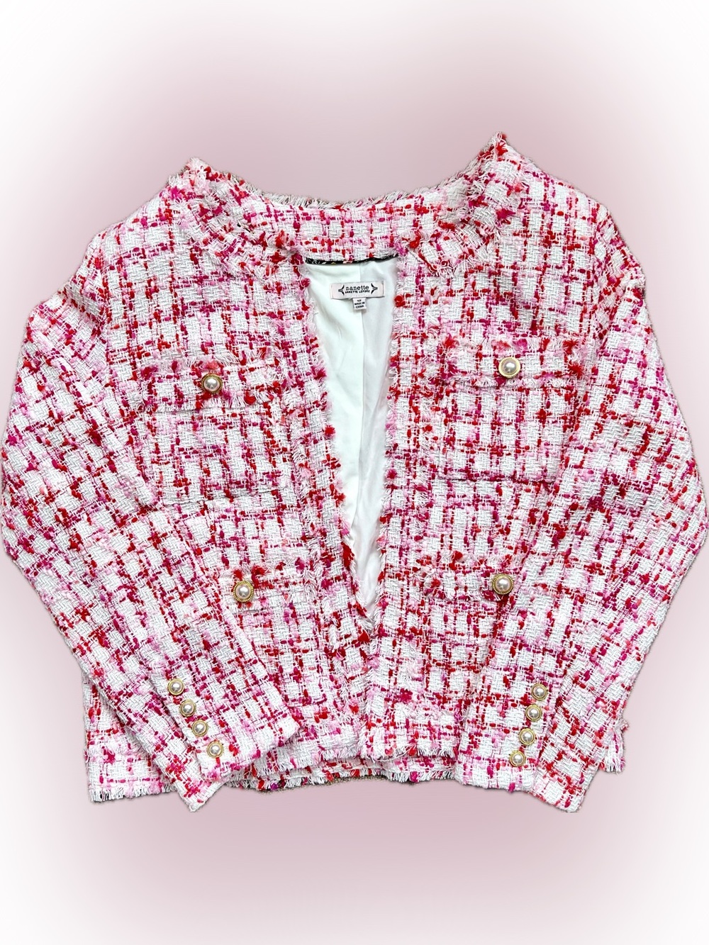 Nanette Lepore “Dalston” Pink, Red, White Plaid Tweed Bouclé Blazer Size 12 NWOT